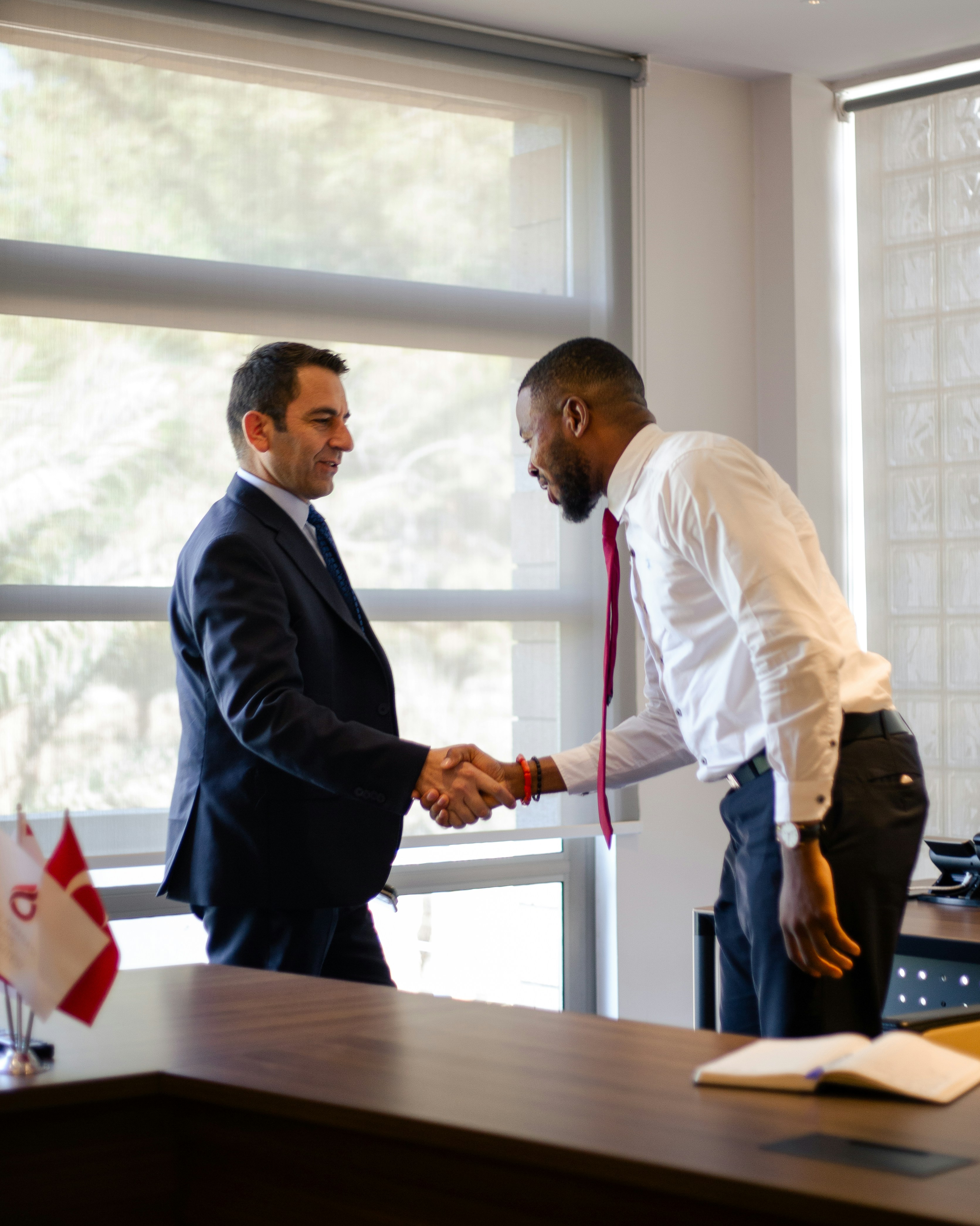 Two legal professionals shaking hands in a law office